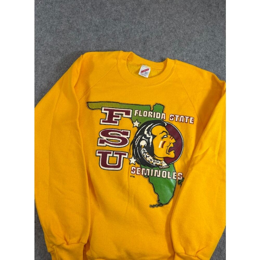 VTG 80s 90s Florida State Seminoles Sweatshirt Mens S Yellow Crewneck Collegiate - Picture 2 of 5